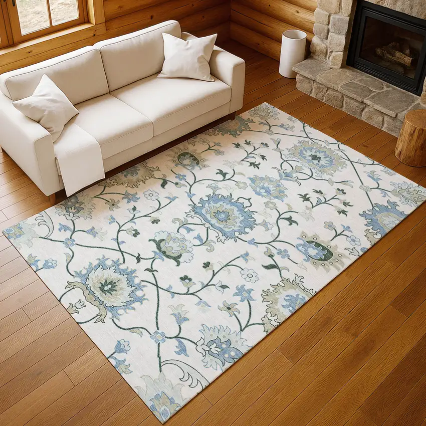 Ivory Blue And Beige Floral Washable Indoor Outdoor Area Rug Photo 9