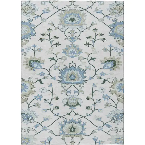 Ivory Blue And Beige Floral Washable Indoor Outdoor Area Rug Photo 2