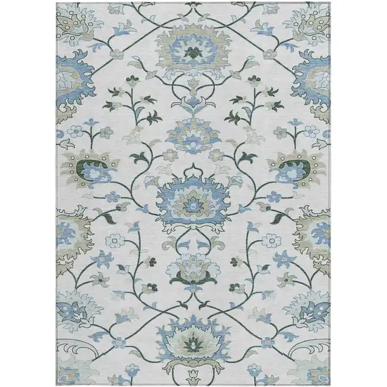 Ivory Blue And Beige Floral Washable Indoor Outdoor Area Rug Photo 5