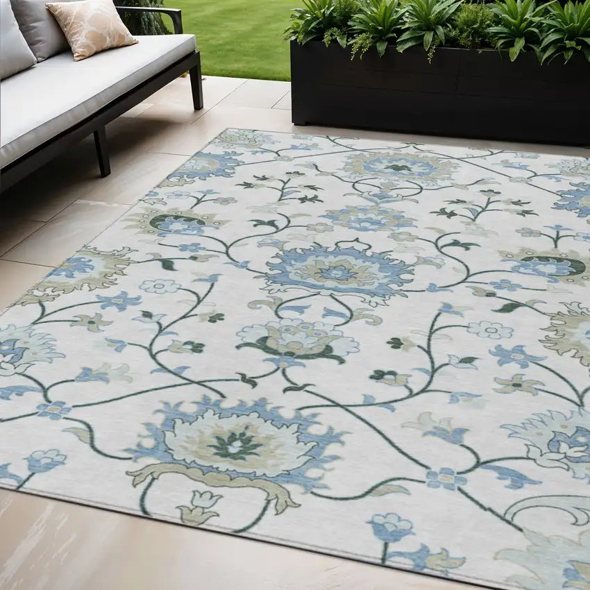 Ivory Blue And Beige Floral Washable Indoor Outdoor Area Rug Photo 1
