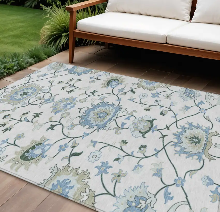 Ivory Blue And Beige Floral Washable Indoor Outdoor Area Rug Photo 1