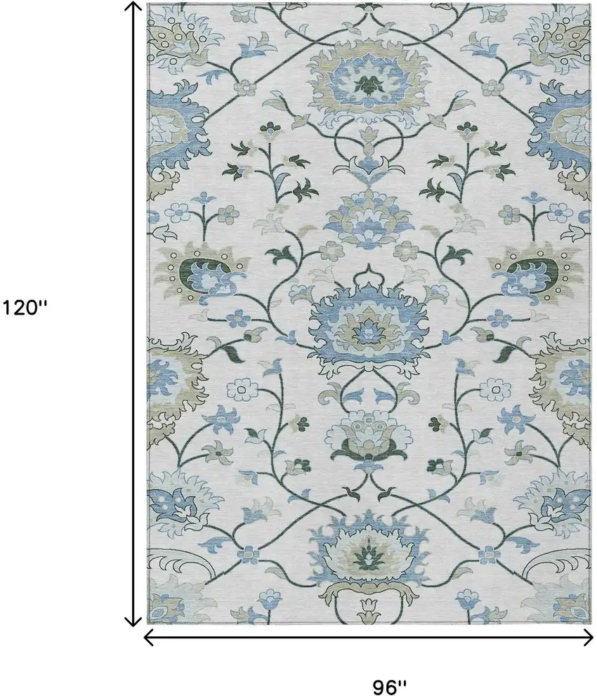 Ivory Blue And Beige Floral Washable Indoor Outdoor Area Rug Photo 3