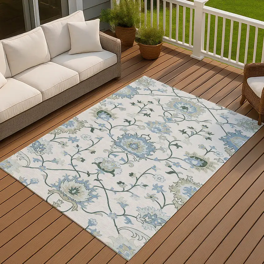 Ivory Blue And Beige Floral Washable Indoor Outdoor Area Rug Photo 8