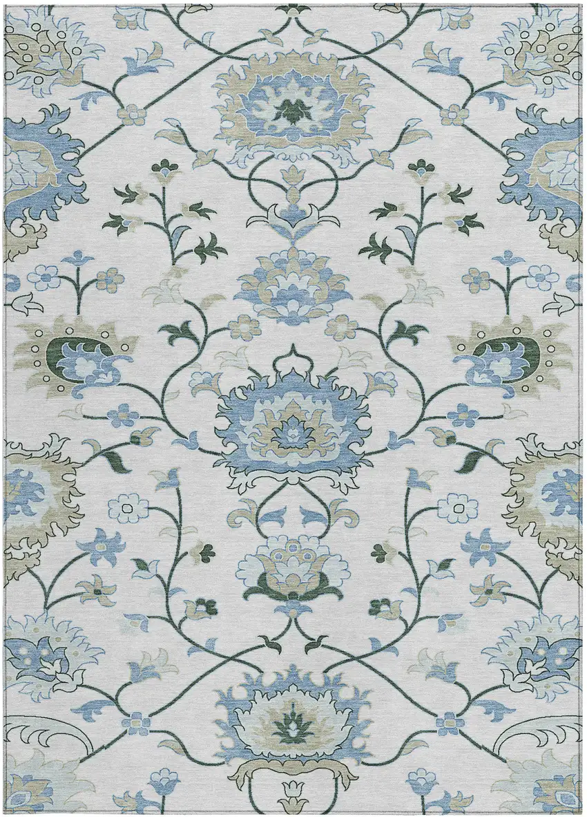 Ivory Blue And Beige Floral Washable Indoor Outdoor Area Rug Photo 4