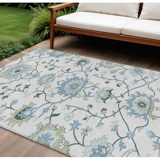 Ivory Blue And Beige Floral Washable Indoor Outdoor Area Rug Photo 1