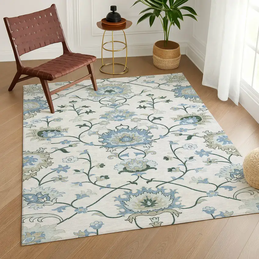 Ivory Blue And Beige Floral Washable Indoor Outdoor Area Rug Photo 9