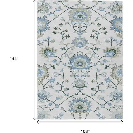 Ivory Blue And Beige Floral Washable Indoor Outdoor Area Rug Photo 3