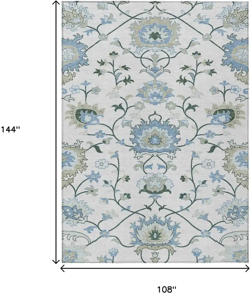 Ivory Blue And Beige Floral Washable Indoor Outdoor Area Rug Photo 3
