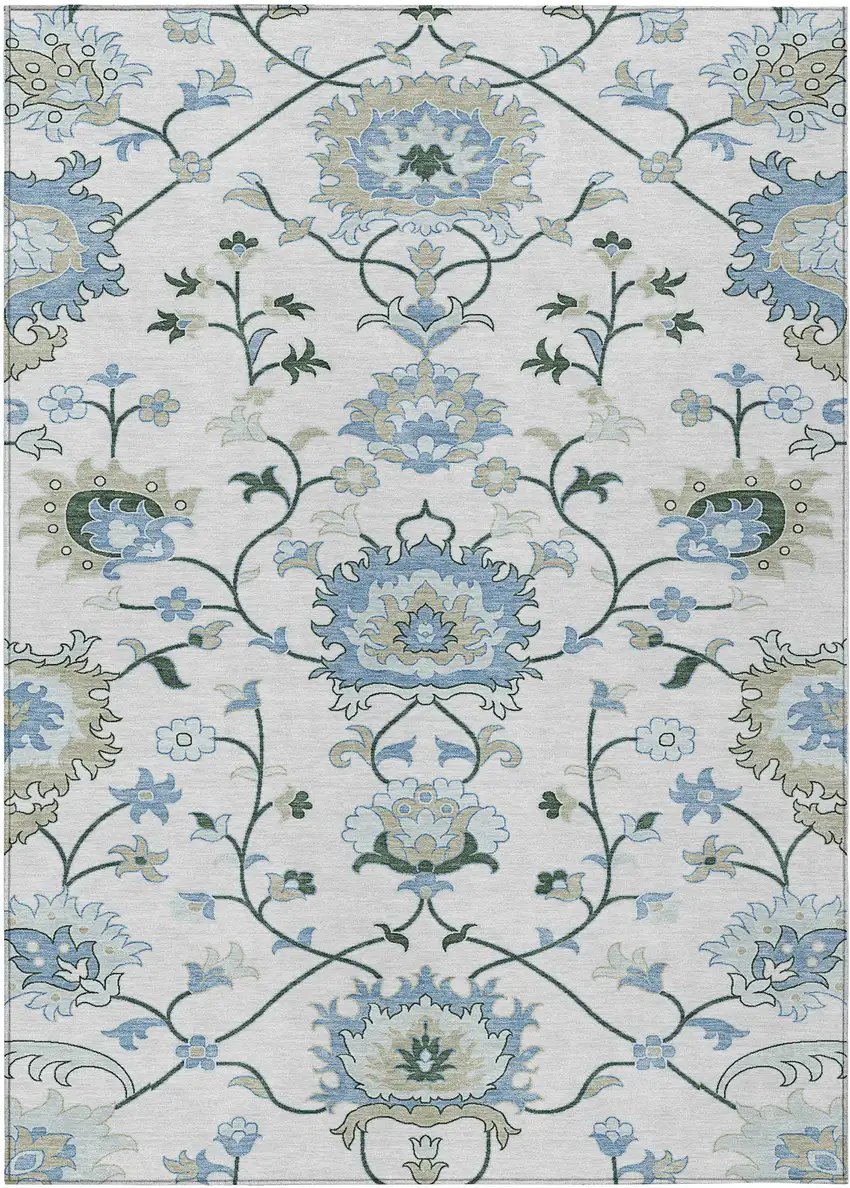 Ivory Blue And Beige Floral Washable Indoor Outdoor Area Rug Photo 2