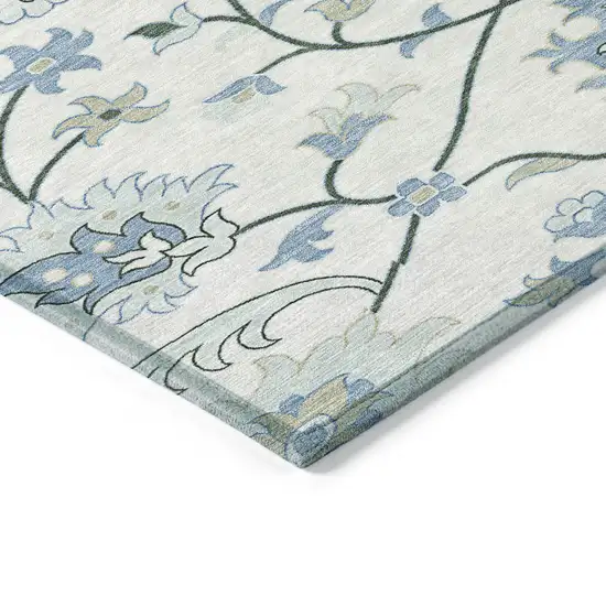 Ivory Blue And Beige Floral Washable Indoor Outdoor Area Rug Photo 6