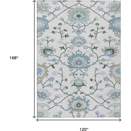 Ivory Blue And Beige Floral Washable Indoor Outdoor Area Rug Photo 3