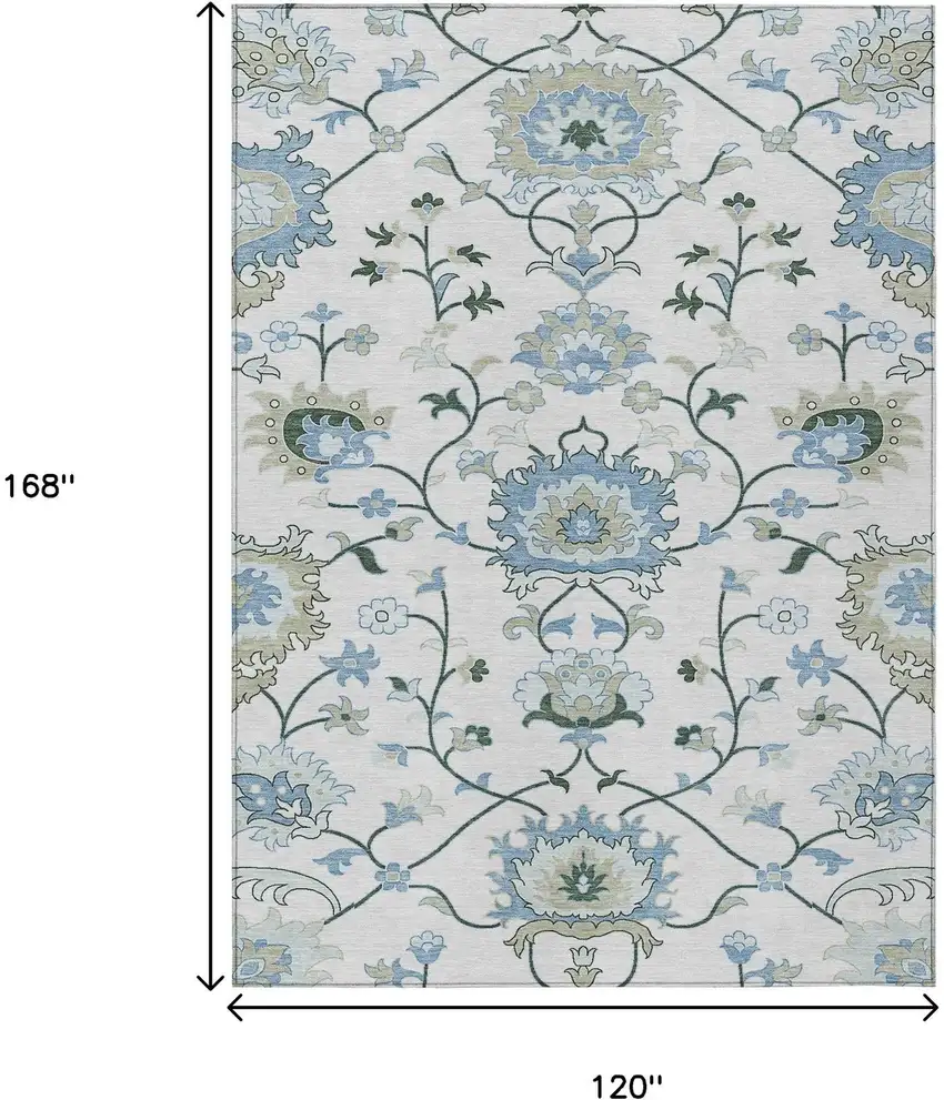 Ivory Blue And Beige Floral Washable Indoor Outdoor Area Rug Photo 3