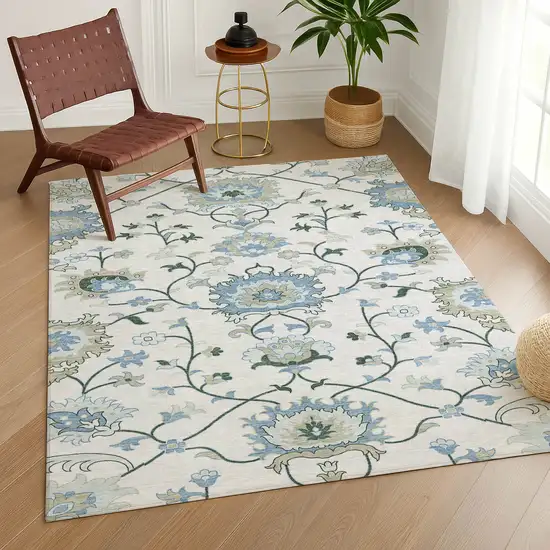 Ivory Blue And Beige Floral Washable Indoor Outdoor Area Rug Photo 9