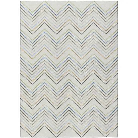 Ivory Blue And Beige Striped Washable Indoor Outdoor Area Rug Photo 9