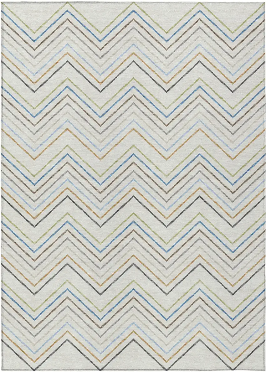 Ivory Blue And Beige Striped Washable Indoor Outdoor Area Rug Photo 9