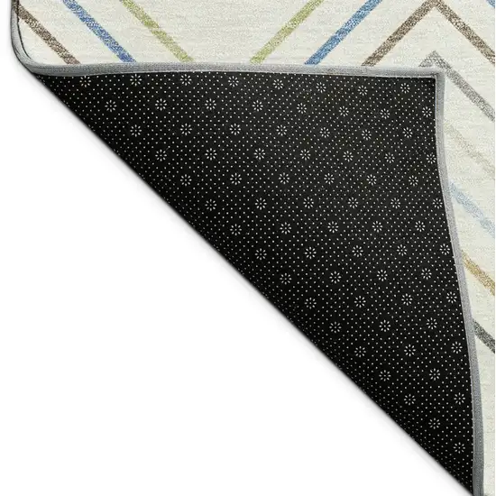 Ivory Blue And Beige Striped Washable Indoor Outdoor Area Rug Photo 5