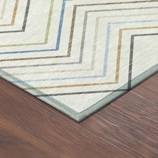 Ivory Blue And Beige Striped Washable Indoor Outdoor Area Rug Photo 6