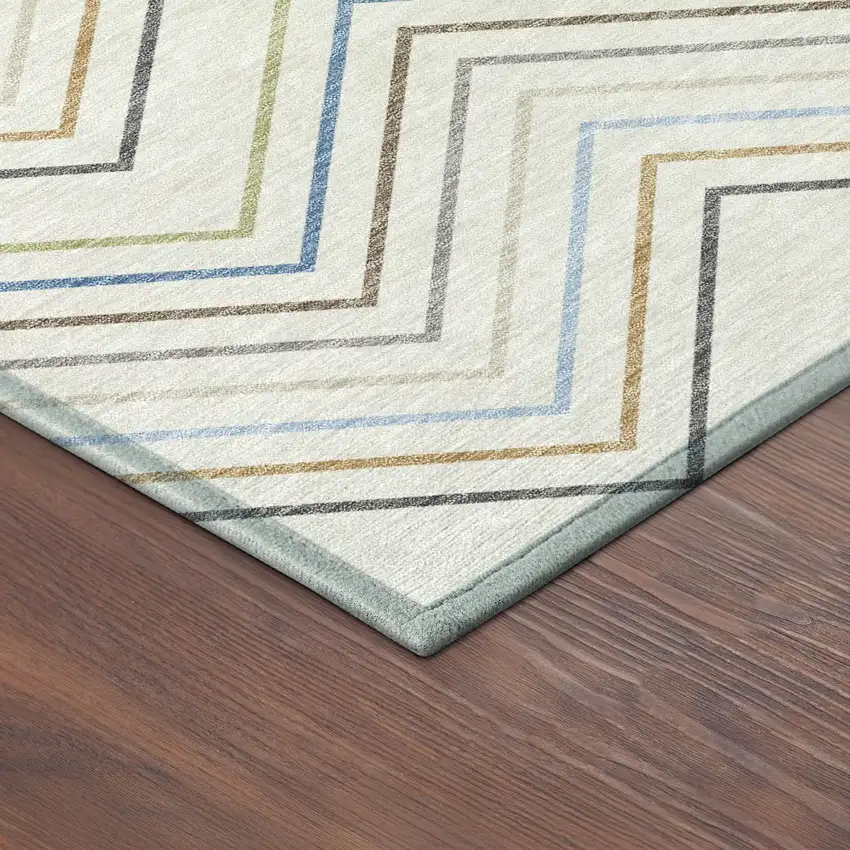 Ivory Blue And Beige Striped Washable Indoor Outdoor Area Rug Photo 6