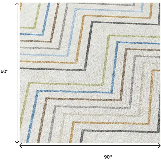 Ivory Blue And Beige Striped Washable Indoor Outdoor Area Rug Photo 7
