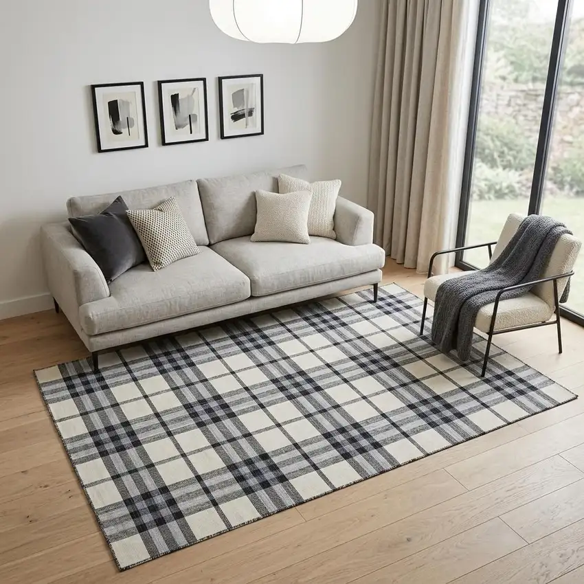 Ivory Blue And Black Abstract Hand Woven Stain Resistant Area Rug Photo 1