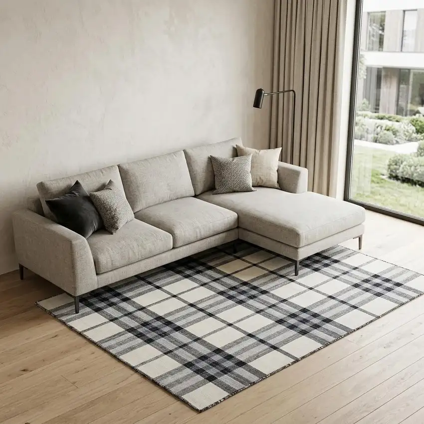 Ivory Blue And Black Abstract Hand Woven Stain Resistant Area Rug Photo 1