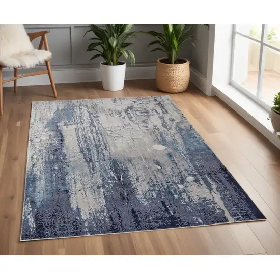 Ivory and Blue Abstract Power Loom Distressed Non Skid Area Rug Photo 1