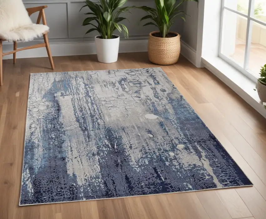Ivory and Blue Abstract Power Loom Distressed Non Skid Area Rug Photo 1