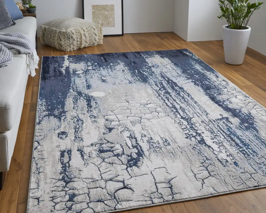 Ivory Blue And Black Abstract Power Loom Distressed Area Rug Photo 7