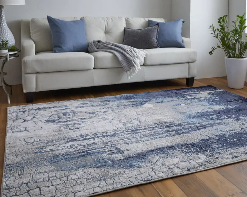 Ivory Blue And Black Abstract Power Loom Distressed Area Rug Photo 8