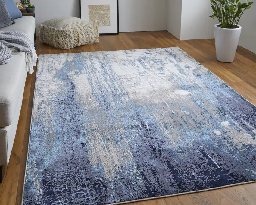 Ivory Blue And Black Abstract Power Loom Distressed Area Rug Photo 6