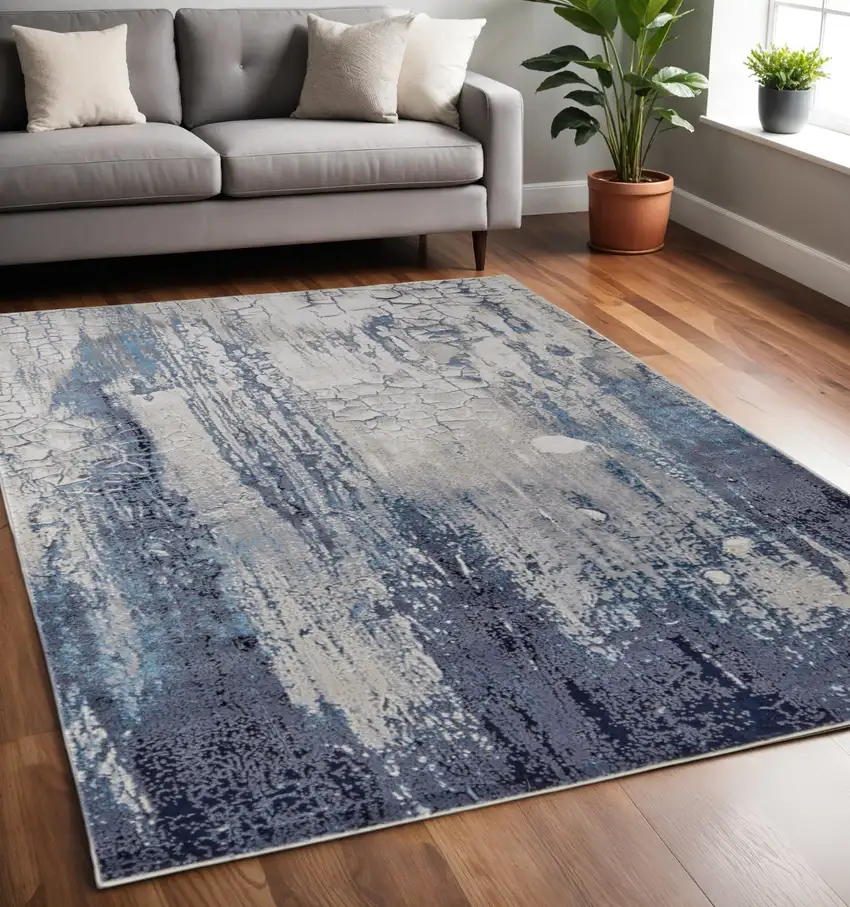 Ivory and Blue Abstract Power Loom Distressed Non Skid Area Rug Photo 1