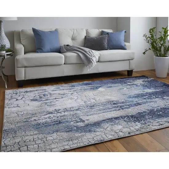 Ivory and Blue Abstract Power Loom Distressed Non Skid Area Rug Photo 8
