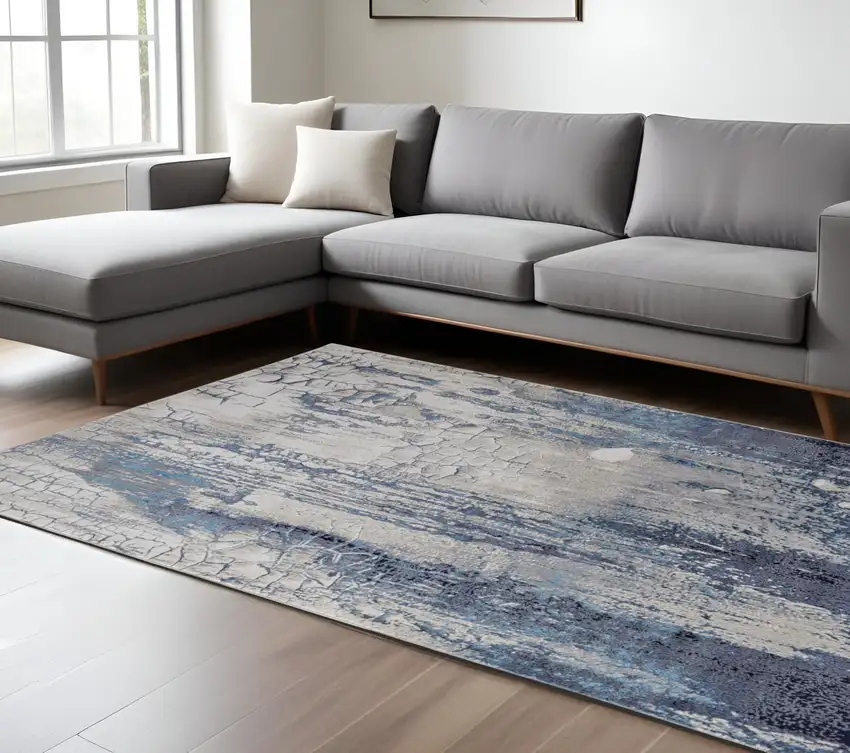 Ivory and Blue Abstract Power Loom Distressed Non Skid Area Rug Photo 1