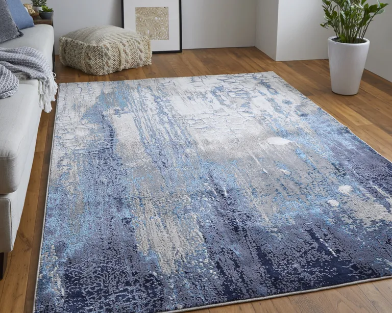 Ivory Blue And Black Abstract Power Loom Distressed Area Rug Photo 3