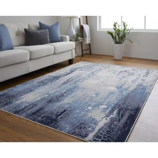 Ivory Blue And Black Abstract Power Loom Distressed Area Rug Photo 2
