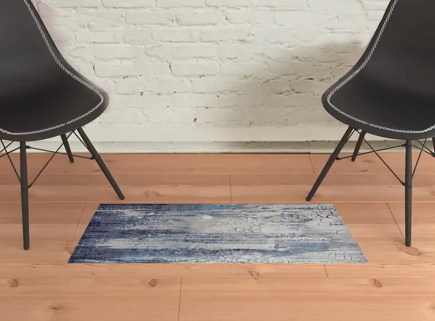 Ivory Blue And Black Abstract Power Loom Distressed Area Rug Photo 2