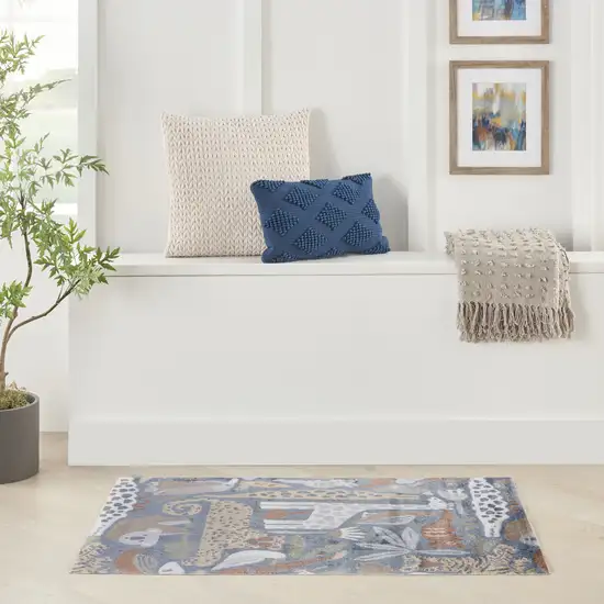 Ivory Blue And Brown Animal Print Area Rug Photo 5
