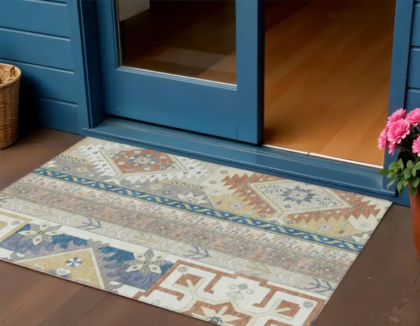 Ivory Blue And Brown Aztec Washable Indoor Outdoor Area Rug Photo 1
