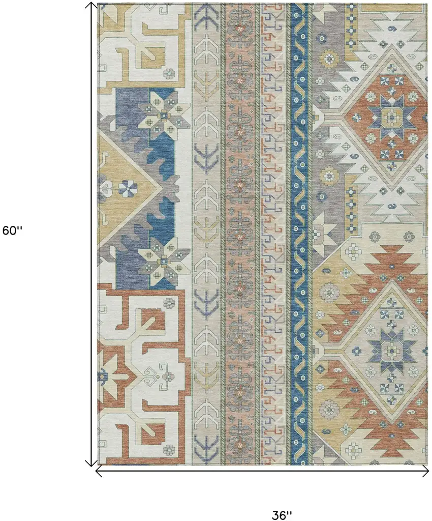 Ivory Blue And Brown Aztec Washable Indoor Outdoor Area Rug Photo 3