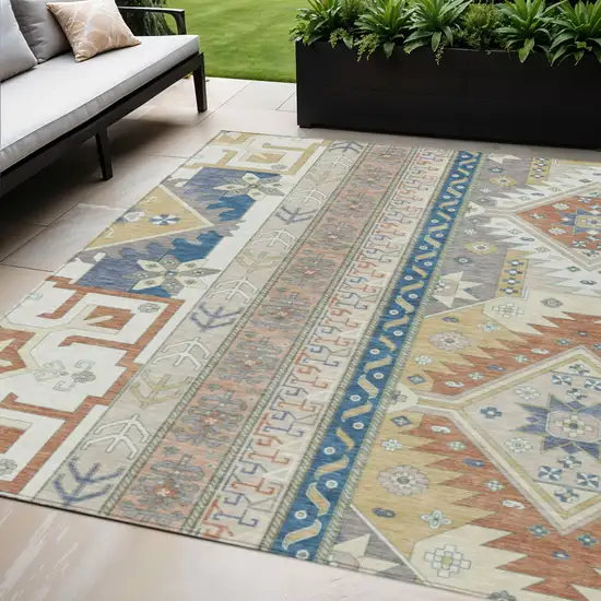 Ivory Blue And Brown Aztec Washable Indoor Outdoor Area Rug Photo 1