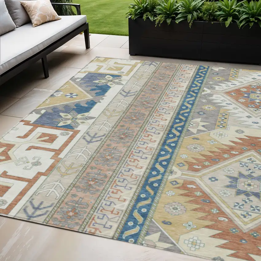 Ivory Blue And Brown Aztec Washable Indoor Outdoor Area Rug Photo 1