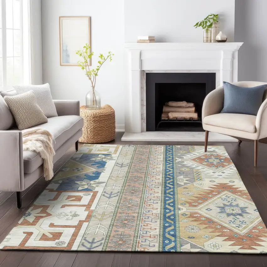 Ivory Blue And Brown Aztec Washable Indoor Outdoor Area Rug Photo 9