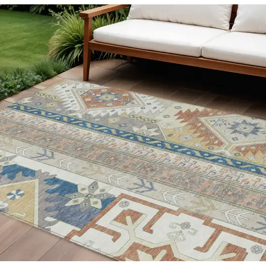 Ivory Blue And Brown Aztec Washable Indoor Outdoor Area Rug Photo 1