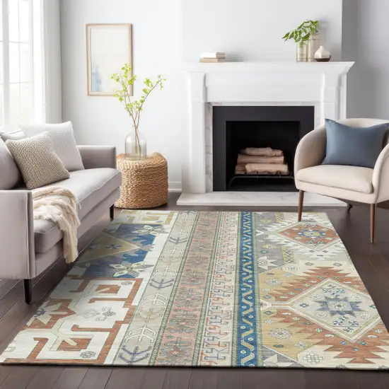 Ivory Blue And Brown Aztec Washable Indoor Outdoor Area Rug Photo 9