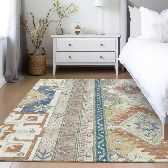 Ivory Blue And Brown Aztec Washable Indoor Outdoor Area Rug Photo 9