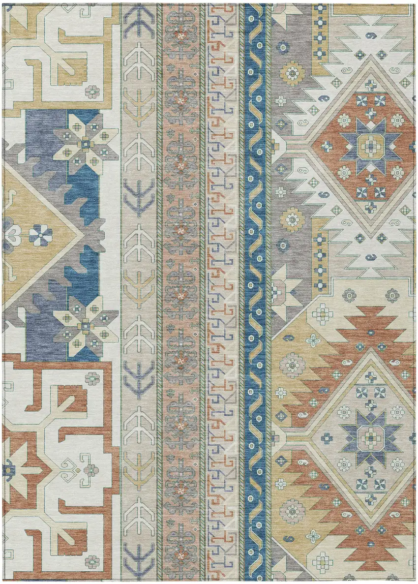 Ivory Blue And Brown Aztec Washable Indoor Outdoor Area Rug Photo 2