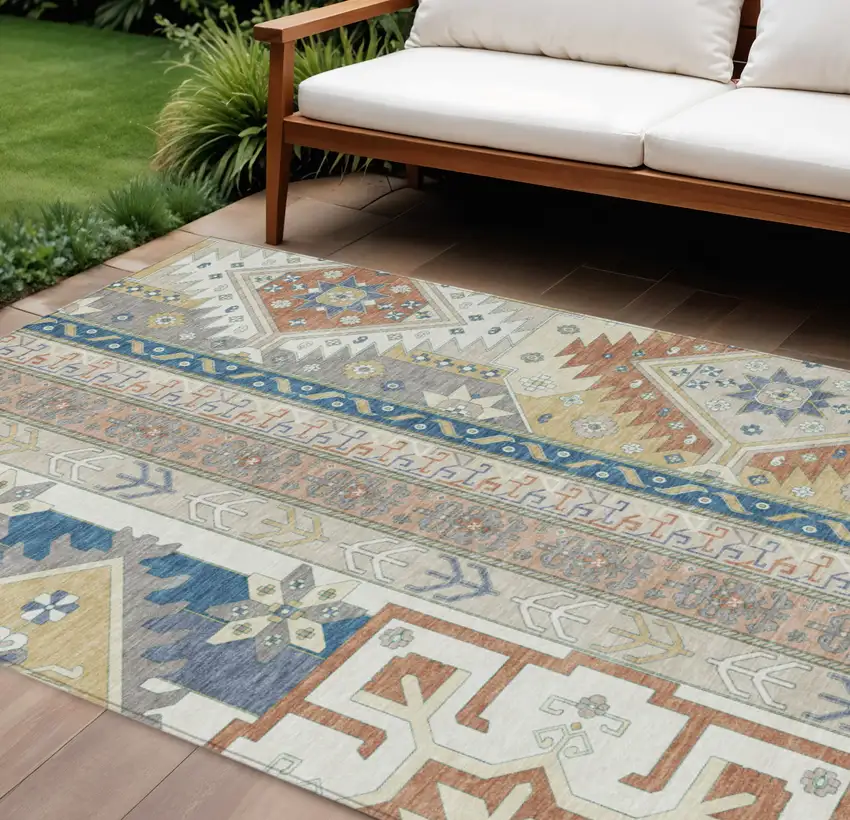 Ivory Blue And Brown Aztec Washable Indoor Outdoor Area Rug Photo 1