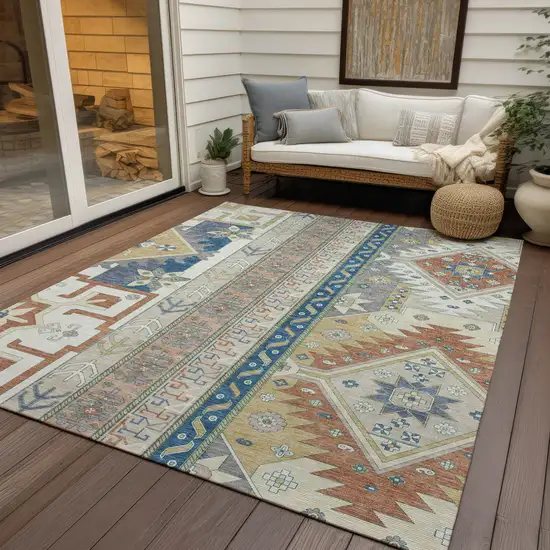 Ivory Blue And Brown Aztec Washable Indoor Outdoor Area Rug Photo 8