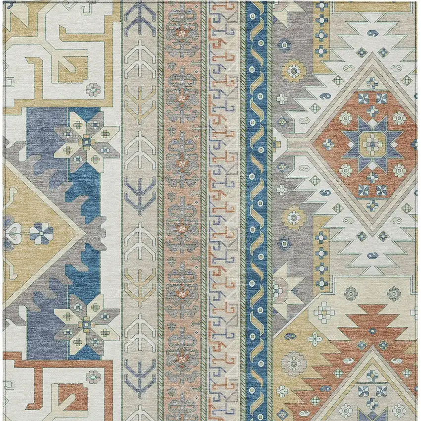 Ivory Blue And Brown Aztec Washable Indoor Outdoor Area Rug Photo 7