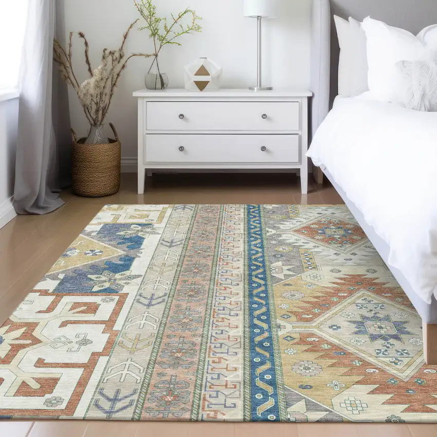 Ivory Blue And Brown Aztec Washable Indoor Outdoor Area Rug Photo 9